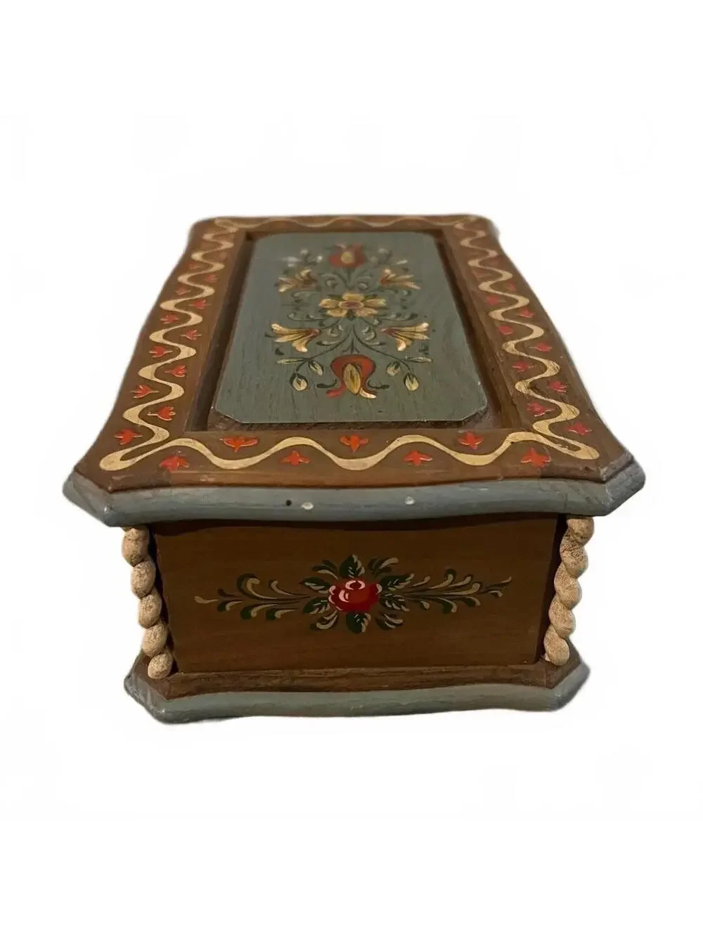 Vintage Anri Reuge Hand Painted Floral Folk Wooden Music Jewelry Box